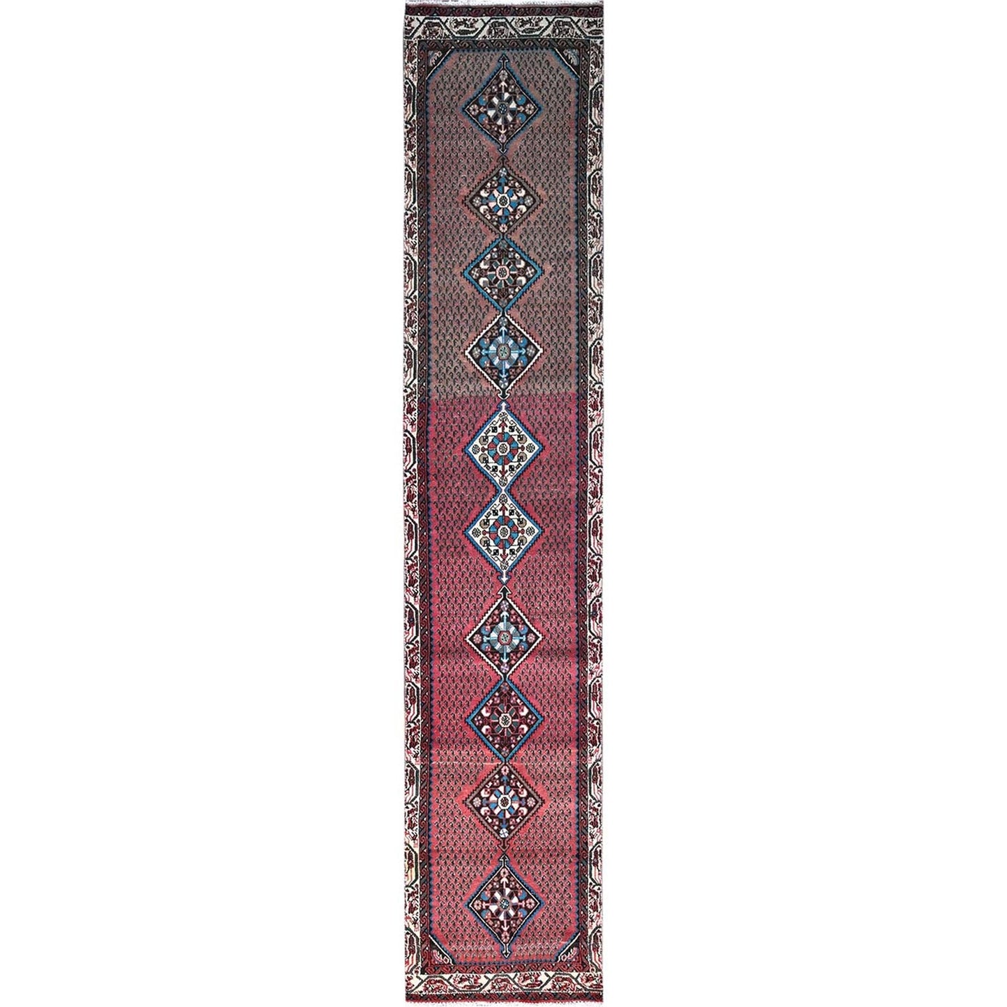 2'6"X12'9" Red Distressed Look With No Holes Vintage Runner Oriental Rug