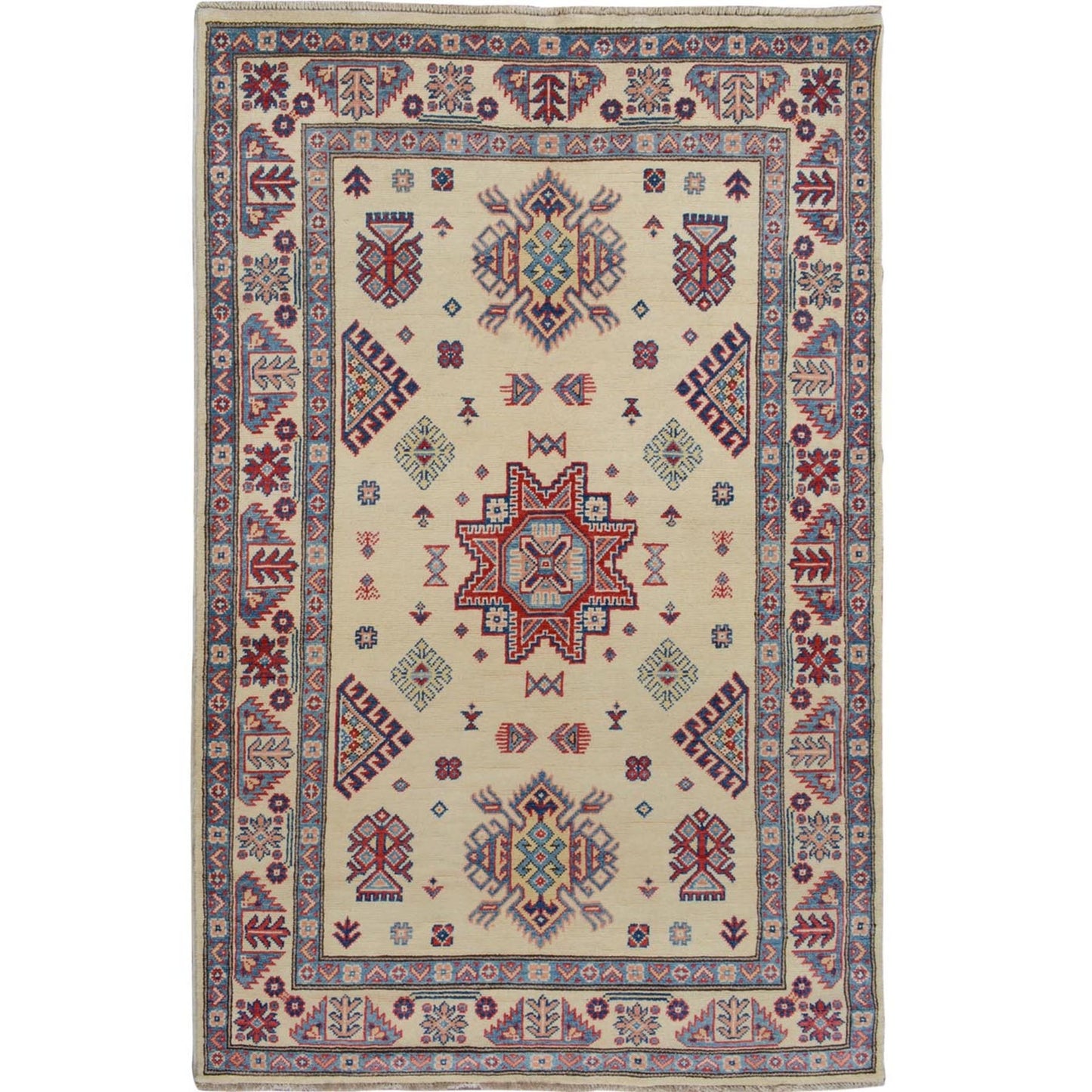 3'10"X6' Ivory Special Kazak Geometric Design Pure Wool Hand Knotted Rug