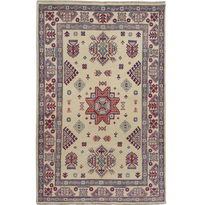 3'10"X6' Ivory Special Kazak Geometric Design Pure Wool Hand Knotted Rug