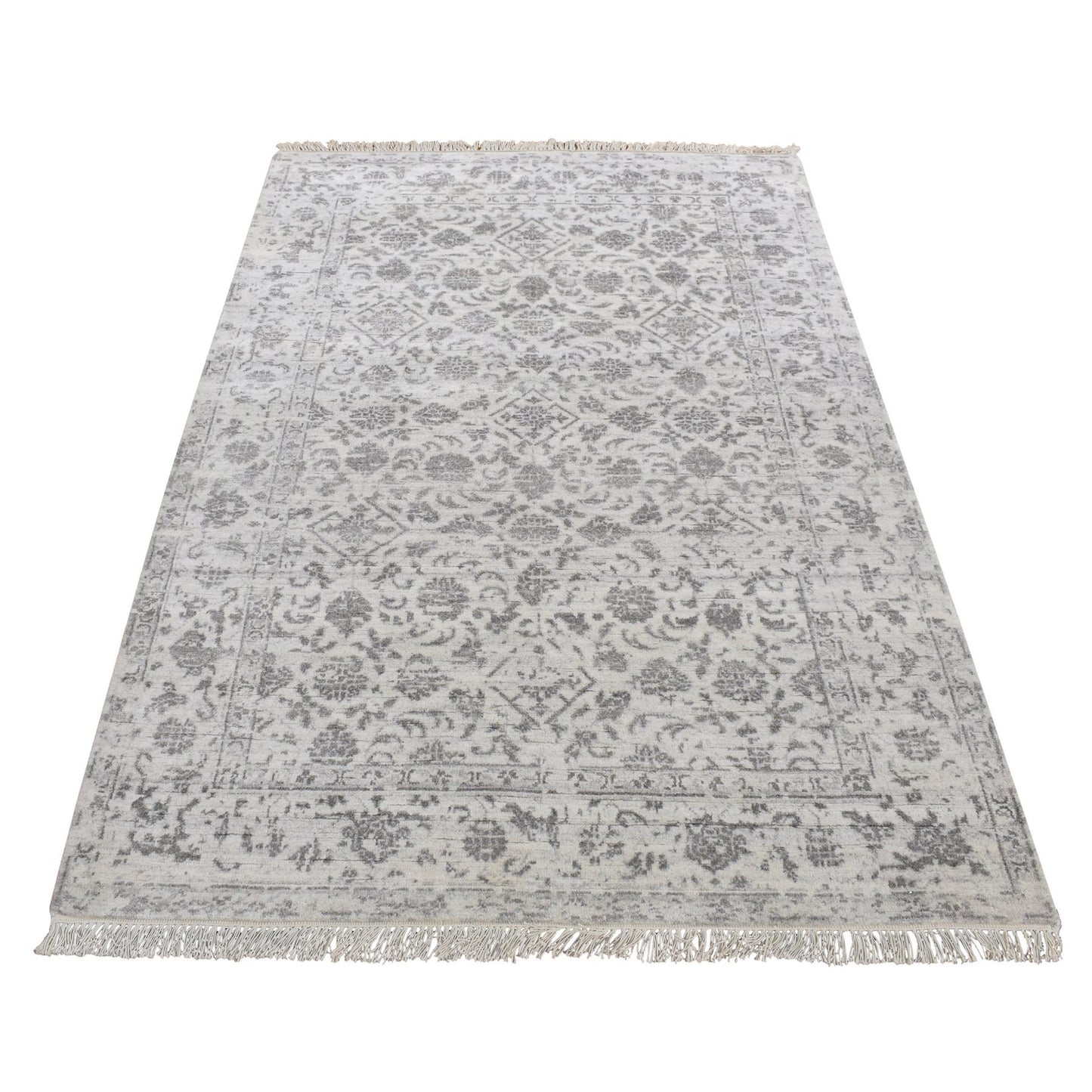 4'1"X6'2" Ivory Erased Tebraz Design Wool And Silk Hand Knotted Rug