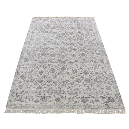 4'1"X6'2" Ivory Erased Tebraz Design Wool And Silk Hand Knotted Rug