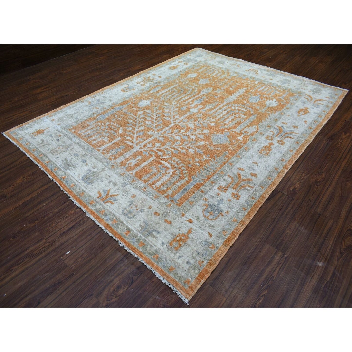 7'10"X10'2" Orange Natural Wool Afghan Angora Oushak Hand Knotted Rug