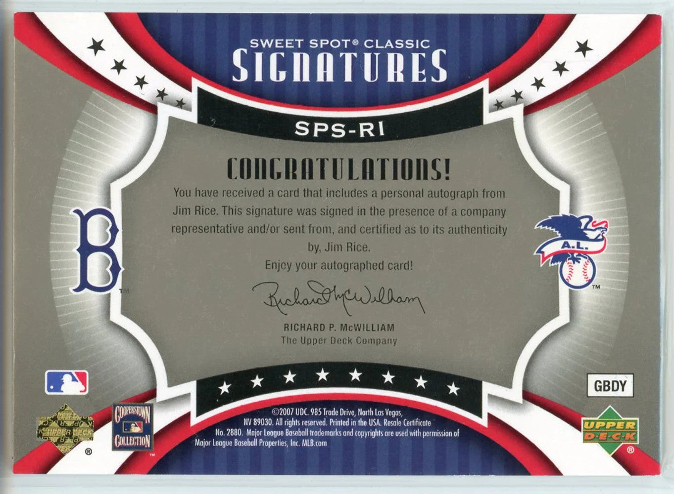 Jim Rice Autographed 2007 Upper Deck Sweet Spot Classic Signatures Card #Sps-Ri