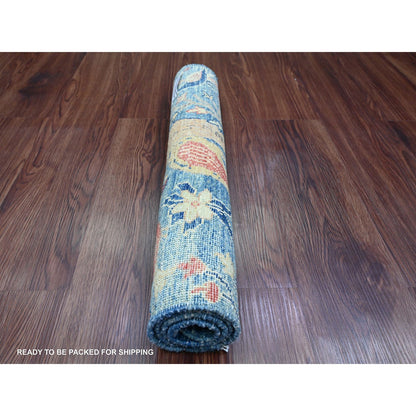 2'X3' Blue Afghan Peshawar Birds Design Hand Knotted Soft Wool Mat Rug