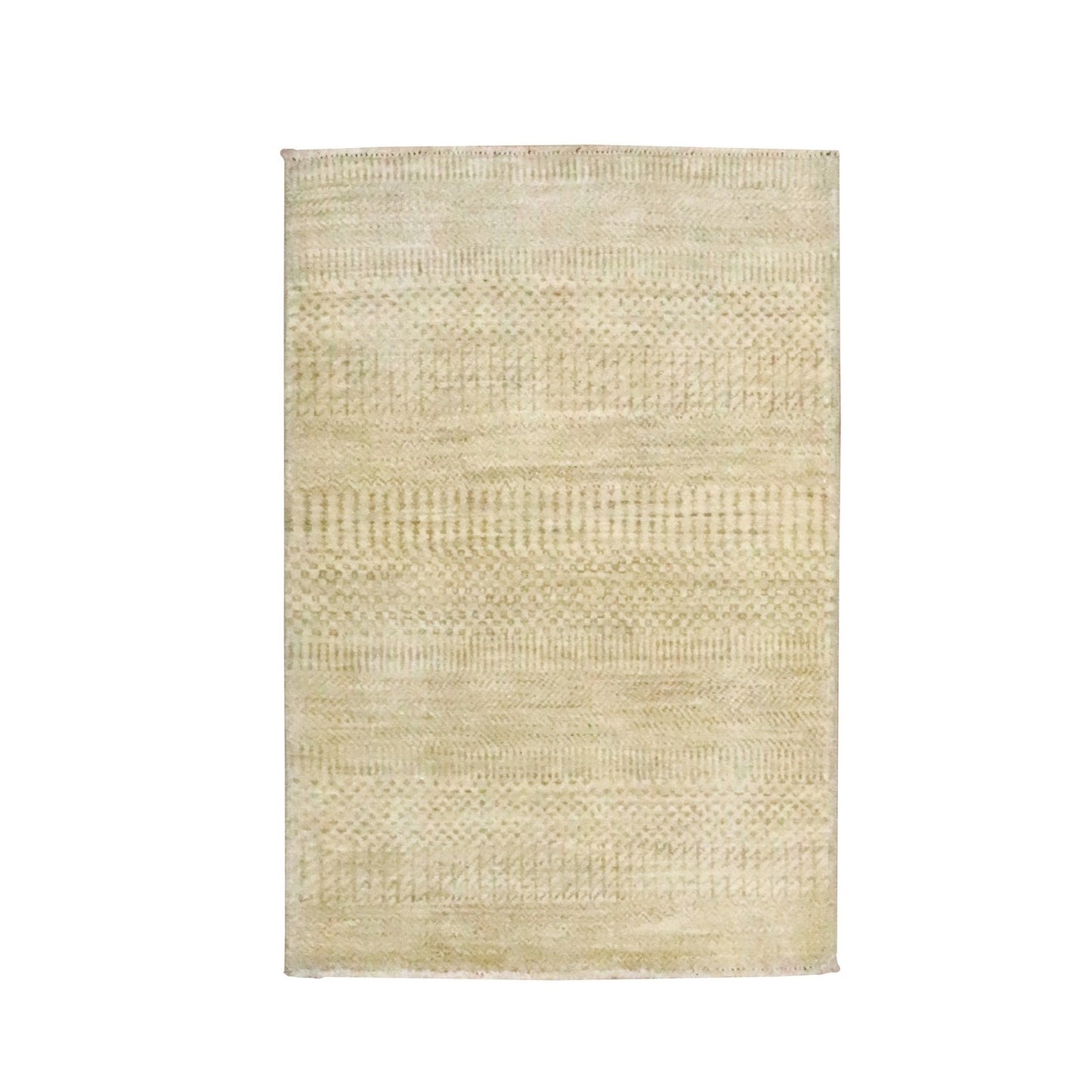 Rug 2'x3' Beige Modern Grass Design Hand Knotted Wool with Silk Small Mat