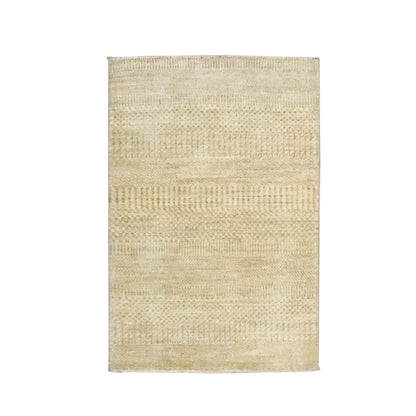 Rug 2'x3' Beige Modern Grass Design Hand Knotted Wool with Silk Small Mat