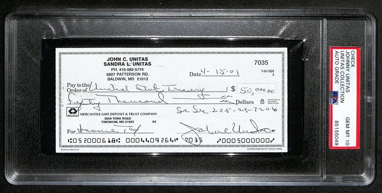 Johnny Unitas Signed 4/15/02 Check Psa/Dna Gem Mt 10 188651