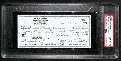Johnny Unitas Signed 4/15/02 Check Psa/Dna Gem Mt 10 188651