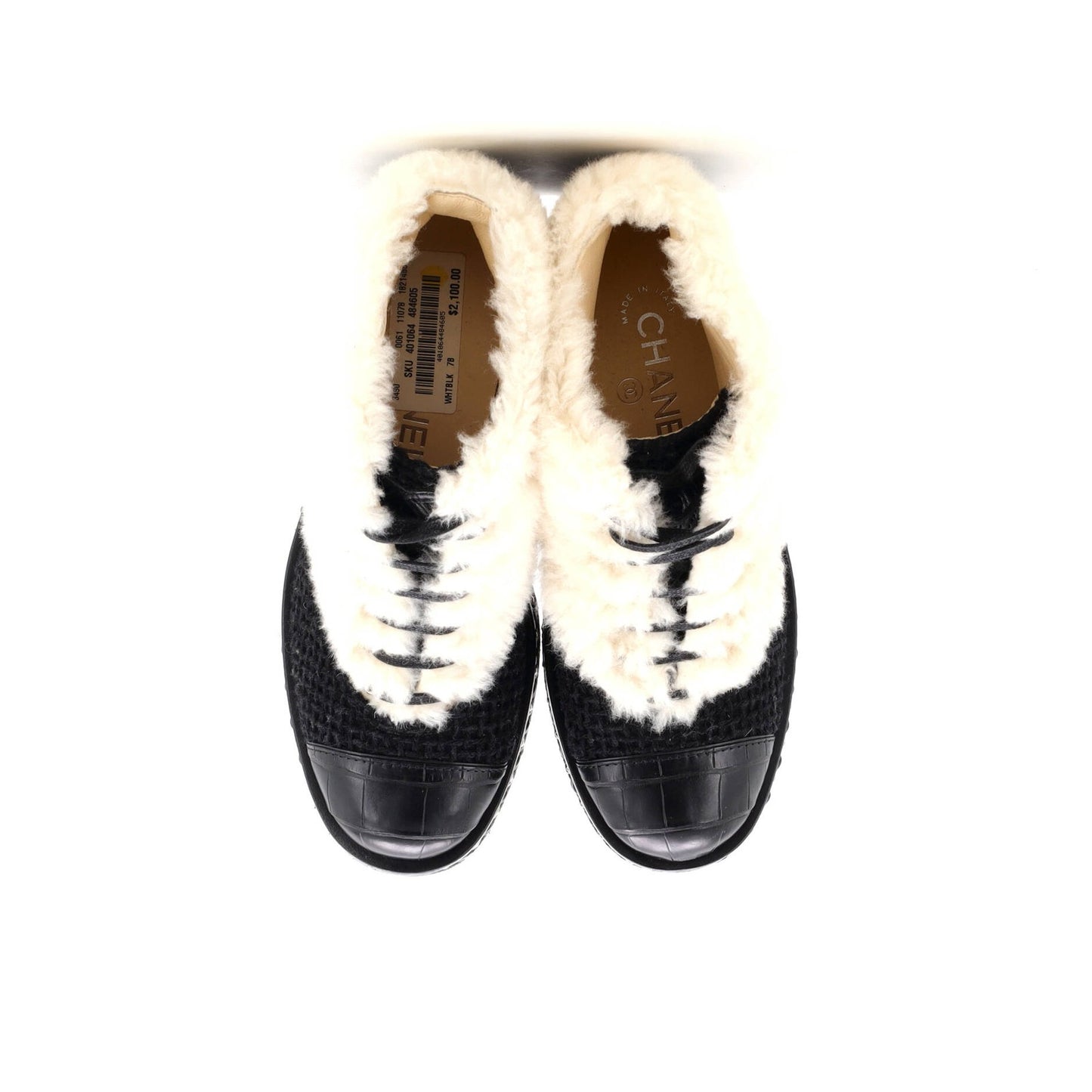 Chanel Women'S Chain Sole Cap Toe Lace Up Ankle Boots Tweed And Fur With Leather