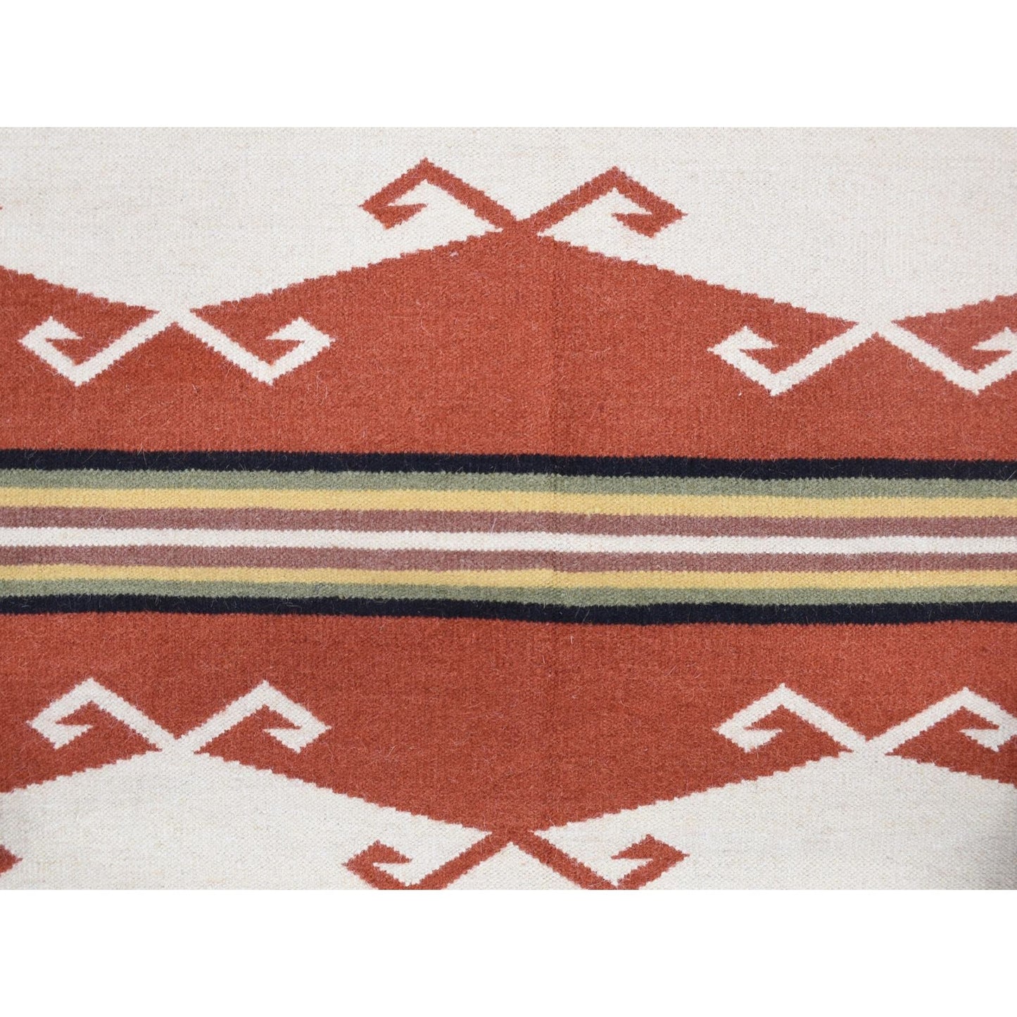 5'2"X7' Ivory Navajo Design Flat Weave Wool Hand Woven Rug