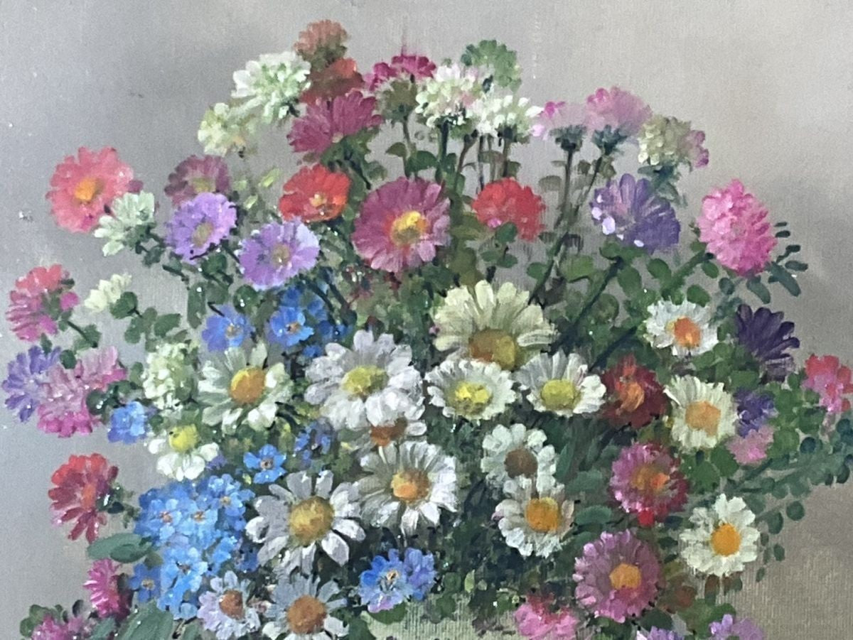 French Still Life Flowers Oil Painting in Vase Signed Framed by Andre Robert