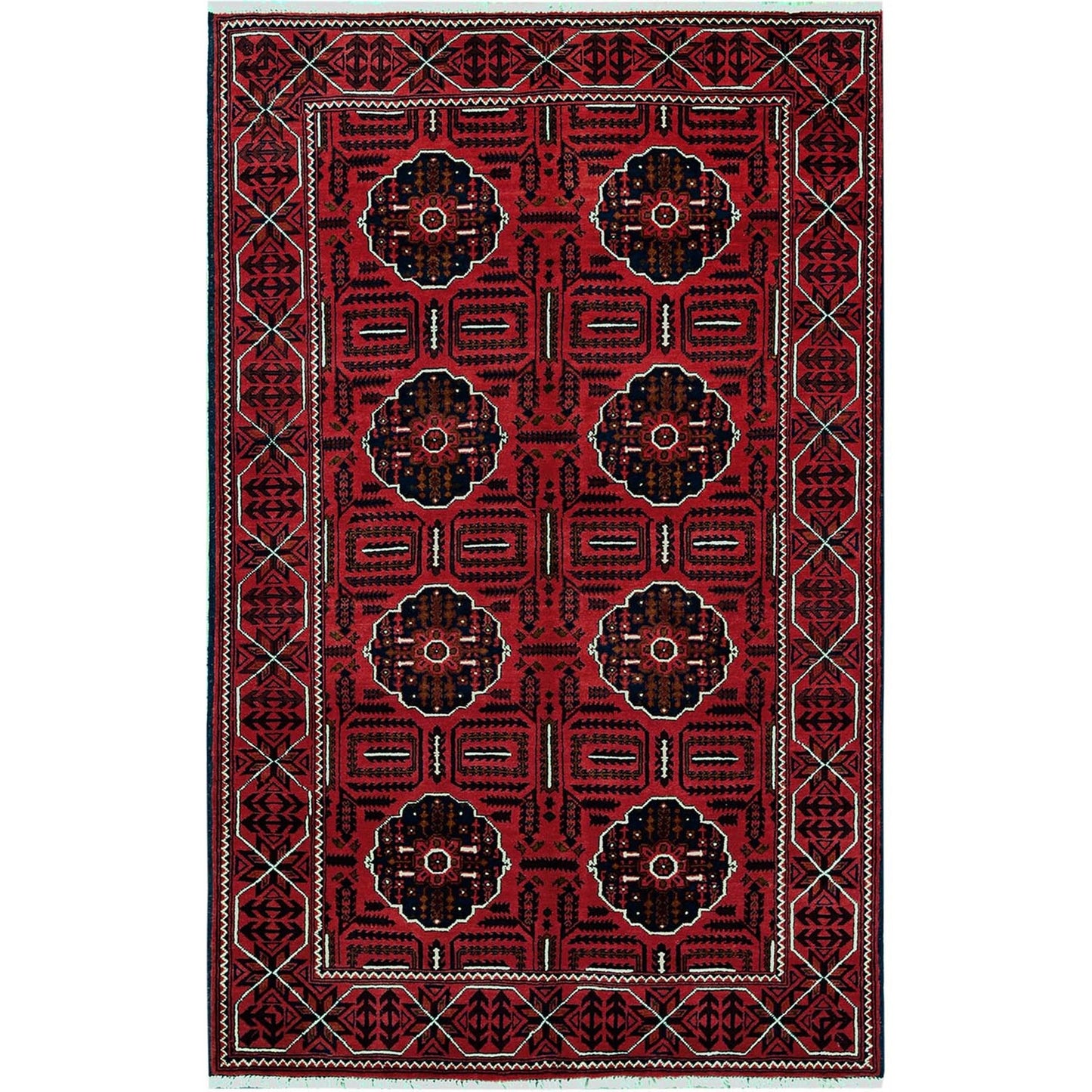 4'X6'4" Red Afghan Khamyab Tribal Medallions Design Wool Hand Knotted Rug