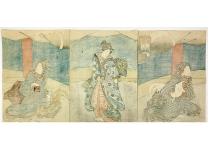Kunisada Japan Woodblock Prints - 3 Beautiful Women Original Triptych Ukiyoe Edo