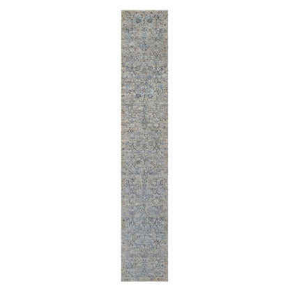 2'7'X15'9" White Hand Knotted Sickle Leaf Design Silk & Wool Runner Rug