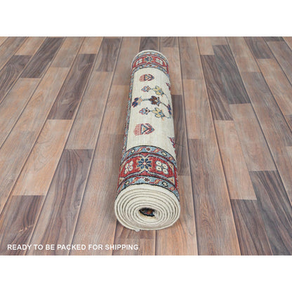 2'7"X8'6" Ivory Soft Wool Hand Knotted Afghan Super Kazak Runner Rug