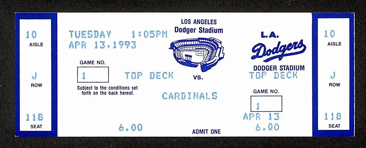 April 13, 1993 Full Ticket Dodgers Vs. Cardinals Lee Smith Breaks All-Time Saves