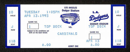 April 13, 1993 Full Ticket Dodgers Vs. Cardinals Lee Smith Breaks All-Time Saves
