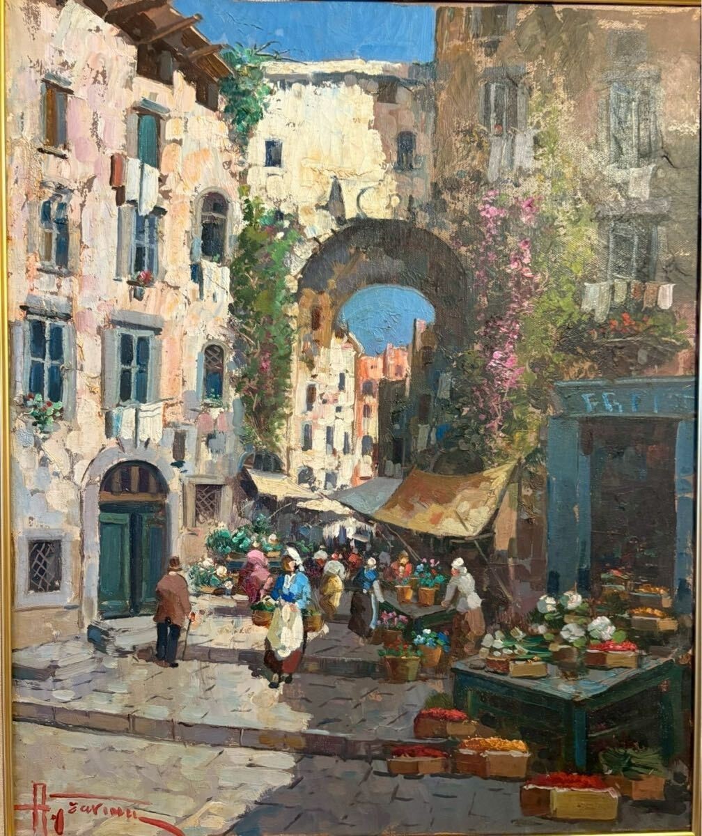 Italian Market Street Oil Painting Signed Framed Antonio Gravina Large