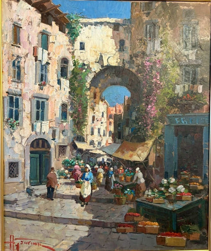 Italian Market Street Oil Painting Signed Framed Antonio Gravina Large
