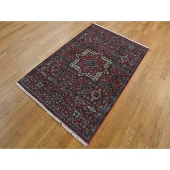4'X6' Red Vintage Look Mamluk Worn Wool Hand Knotted Rug