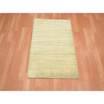 2'X3' Beige Plain Line Design Silk & Oxidized Wool Hand Knotted Mat Rug