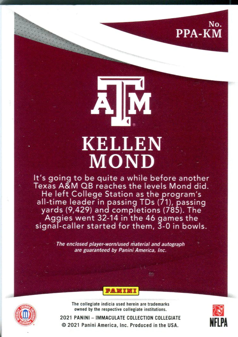 Kellen Mond 2021 Panini Immaculate Collegiate Autographed Game Worn Jersey Rooki