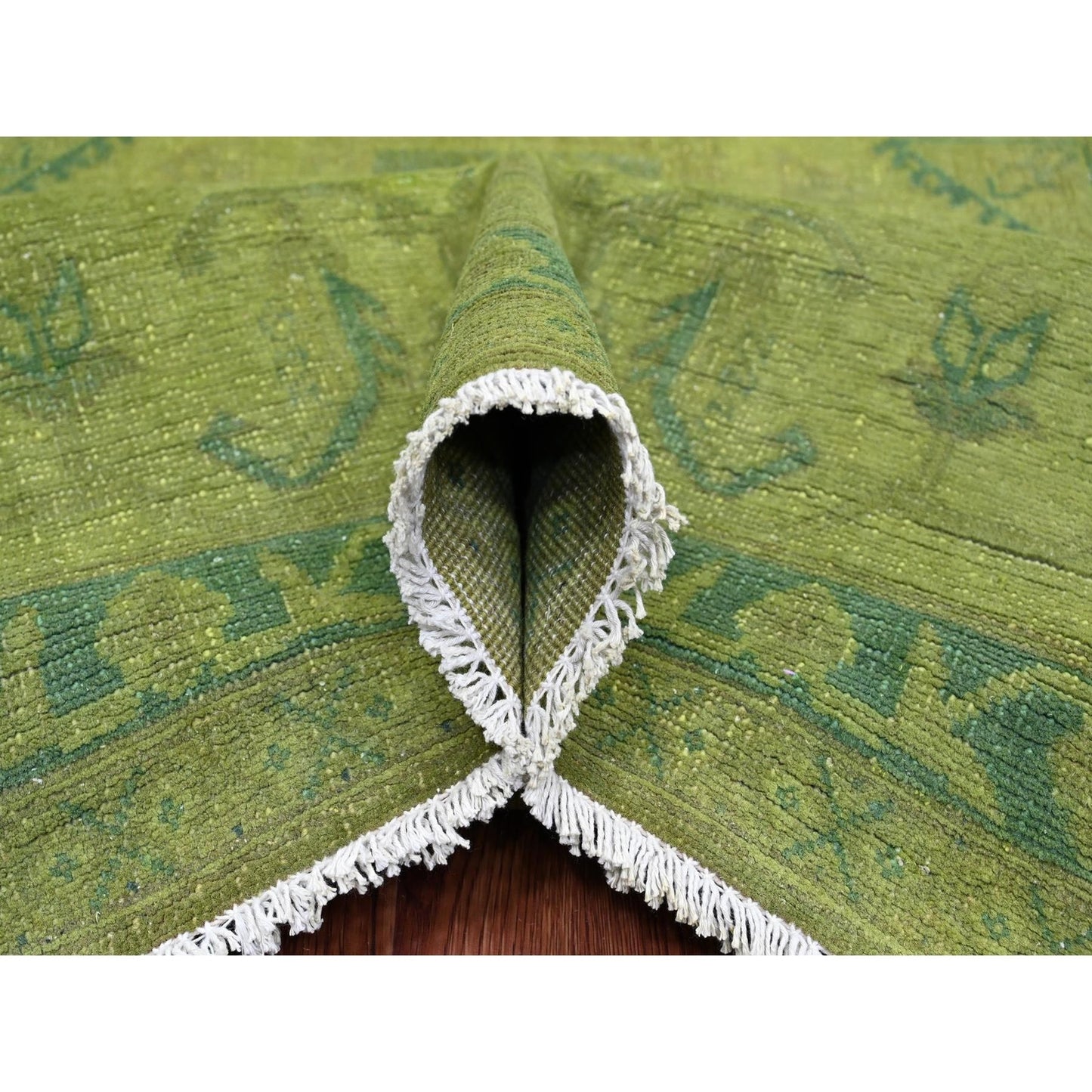 8'X9'6" Green Overdyed Kazak Geometric Pattern Hand Knotted Pure Wool Rug