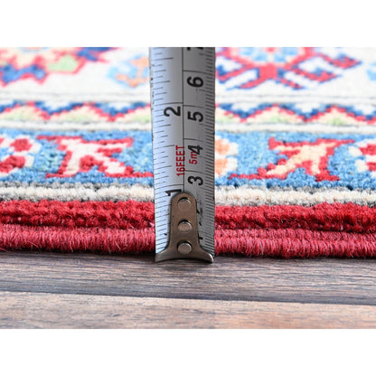 4'X5'8" Arsenal Red Kazak With Geometric Design Hand Knotted Soft Wool Rug