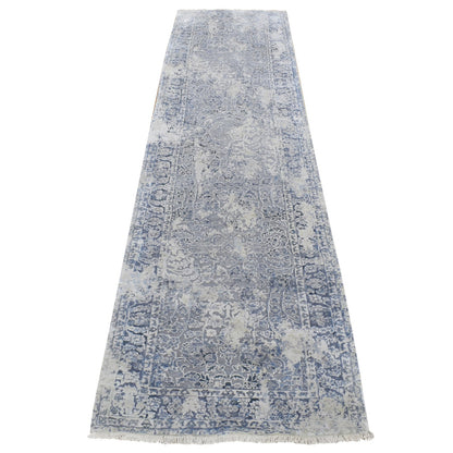 2'5"X10' Gray Zoroastrian Design Pure Silk Hand Knotted Runner Rug