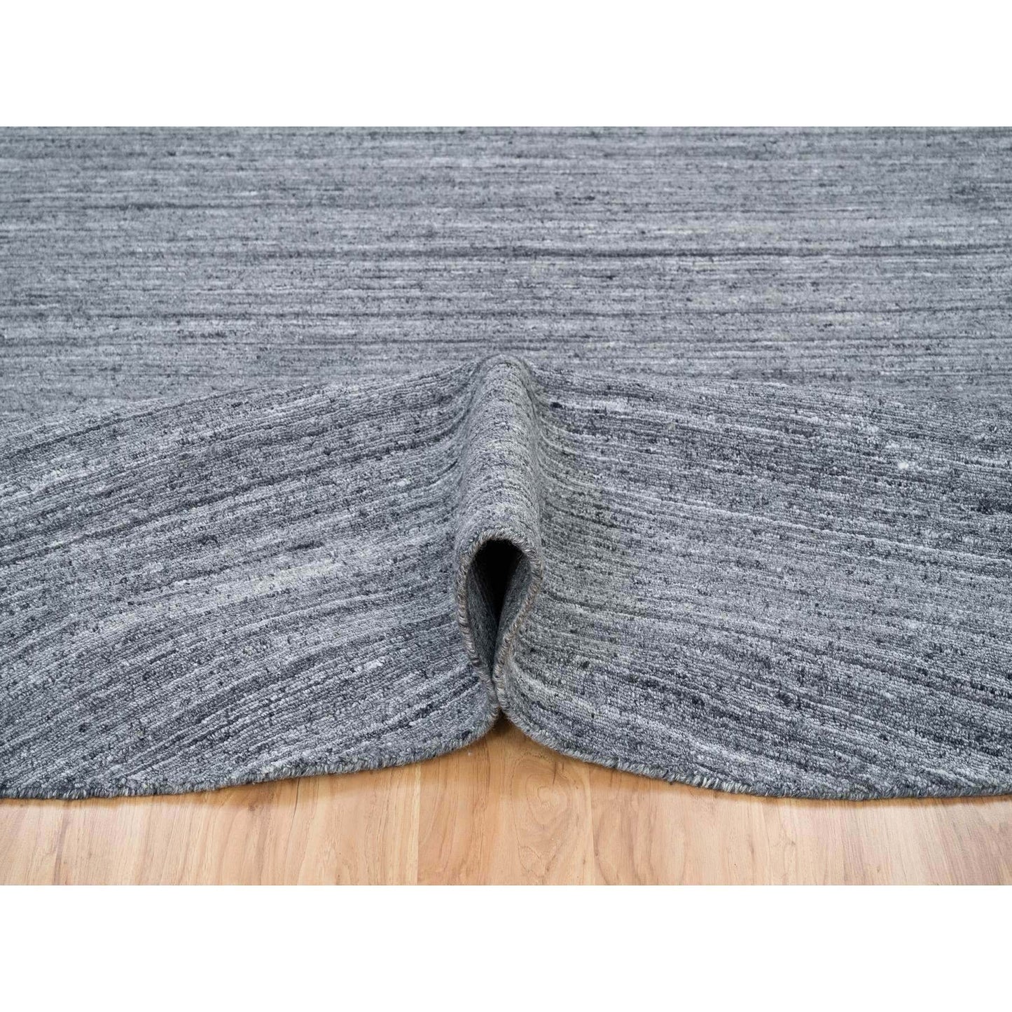 12'X12' Gray Hand Loomed Modern Striae Design Organic Wool Round Rug