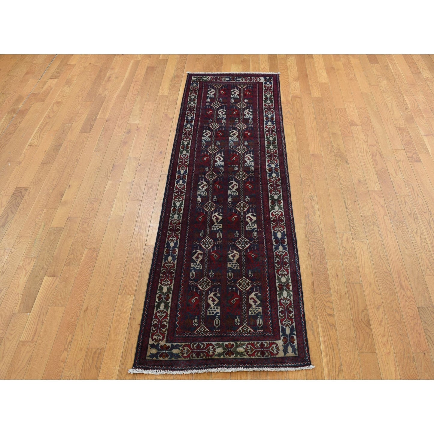 2'6"X9'3" Falu Red Afghan Khamyab Shiny Wool Hand Knotted Runner Rug