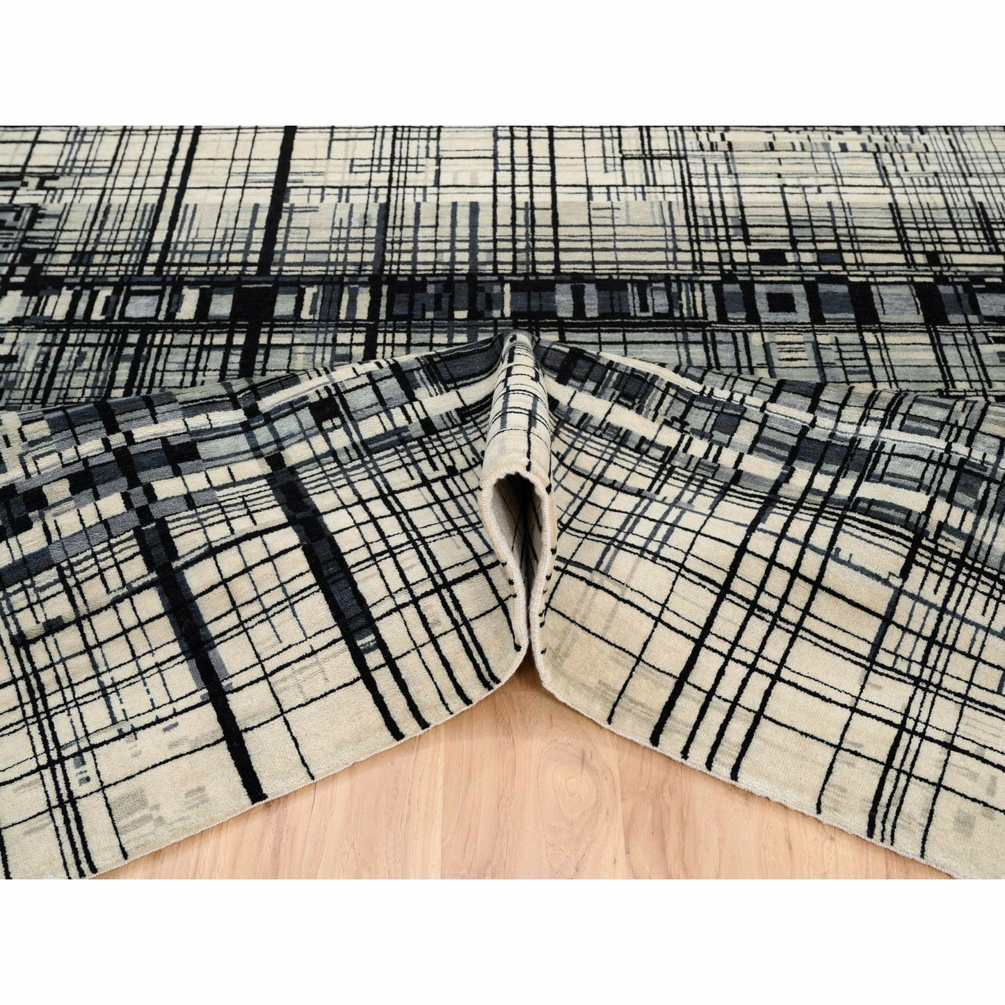 8'2"X9'9" Black Modern Lines Design Ghazni Wool Hand Knotted Rug
