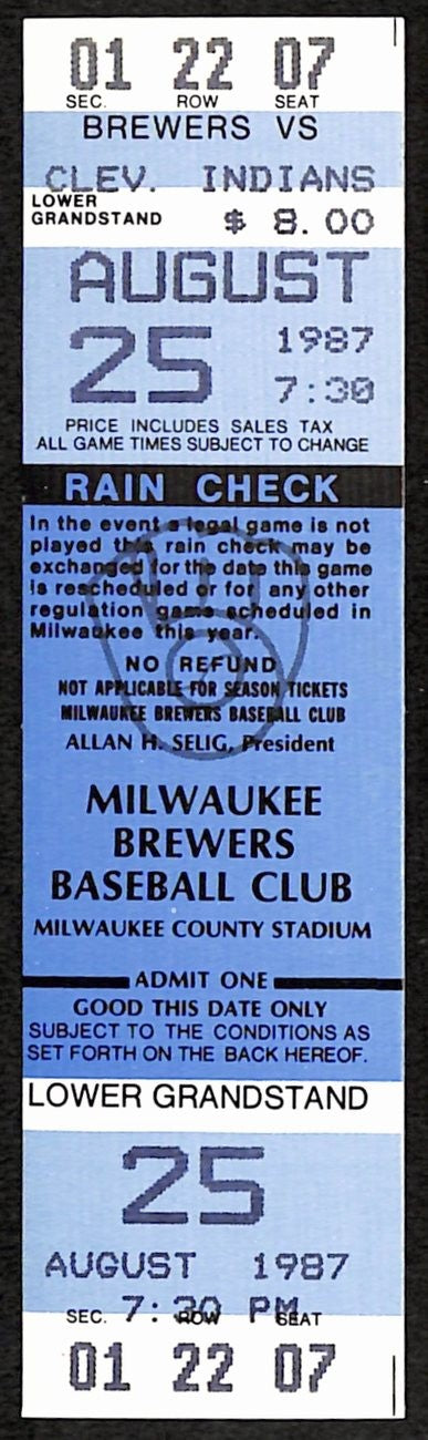 Paul Molitor Hit Streak 39 Games 8/25/1987 Indians Vs Brewers Full Ticket 187552