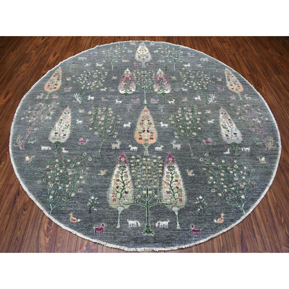 8'2"X8'2" Round Folk Art Willow And Cypress Tree Design Hand Knotted Rug