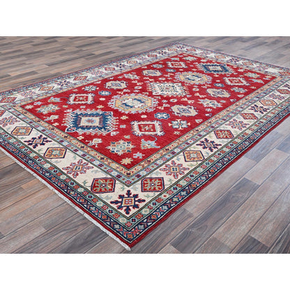5'10"X8'8" Red Kazak With Geometric Medallions Design Wool Hand Knotted Rug