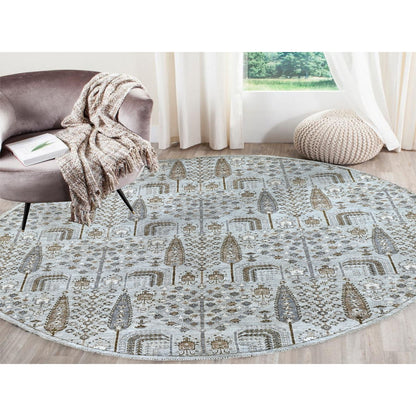 8'3"X8'3" Gray Peshawar With Folk Art Cypress Tree Design Shiny Wool Rug