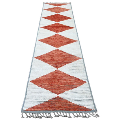2'8"X10'1" Red Geometric Moroccan Weave Hand Knotted Soft Wool Runner Rug