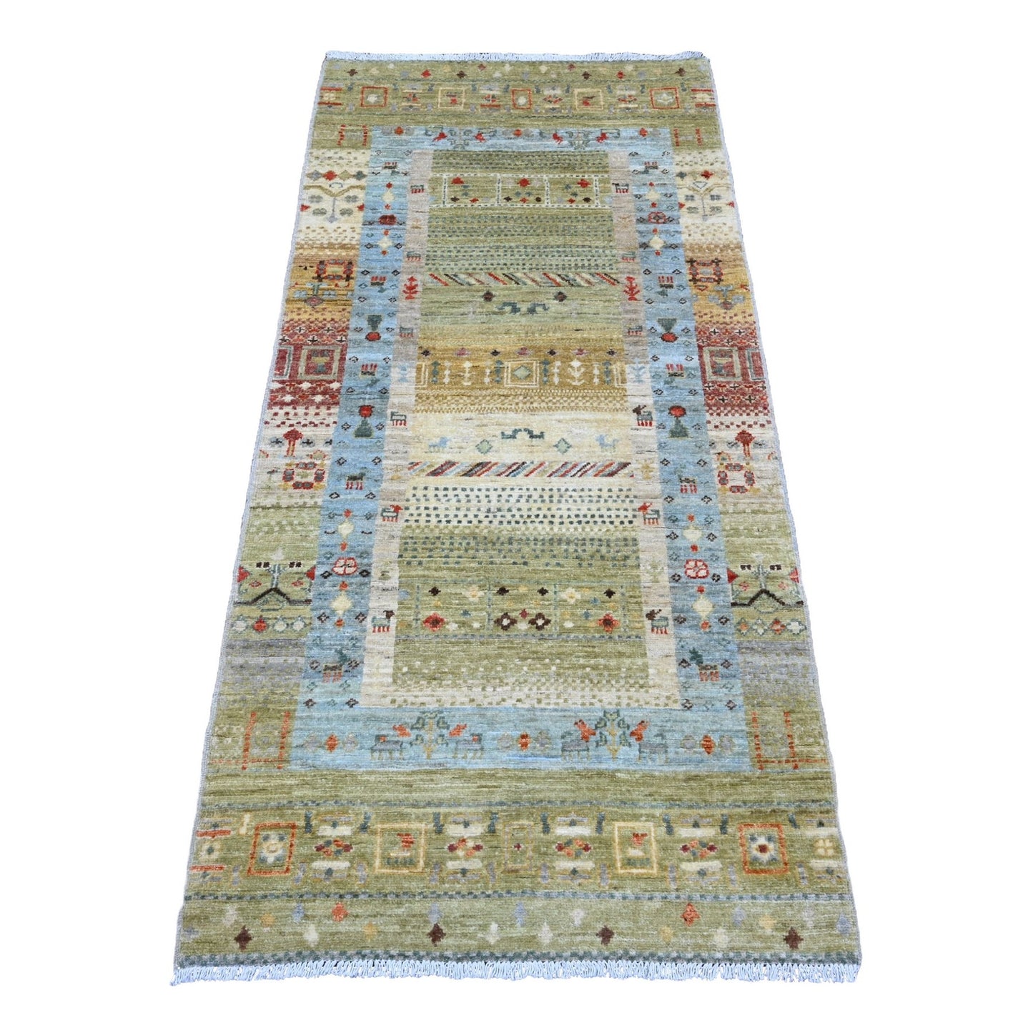 2'9"X5'10" Green Kashkuli Animal Figurine Hand Knotted Wool Runner Rug