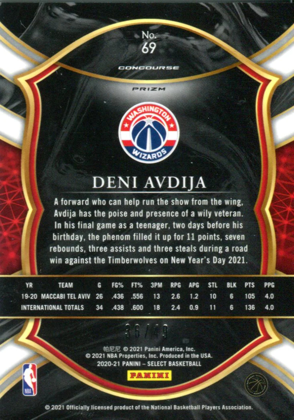 Deni Avdija 2020 Panini Select H2 Red Disco Concourse Rookie Card 36/49 #69
