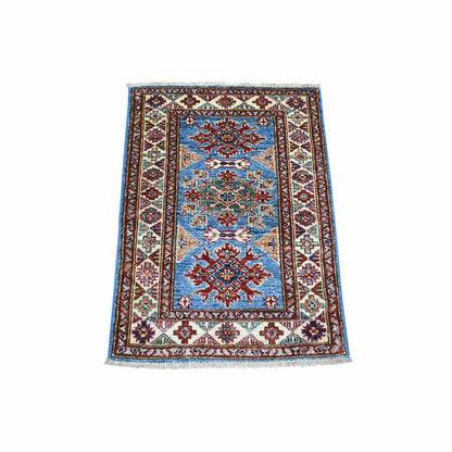2'1"X2'10" Blue Pure Wool Hand Knotted Caucasian Super Kazak Mat Rug