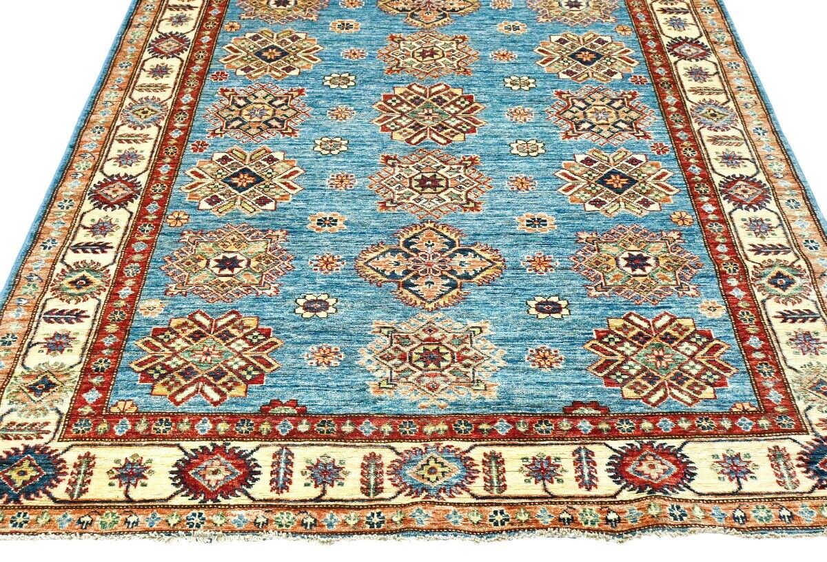 Tribal Geometric Kazak Area Rug Blue Farmho Boho