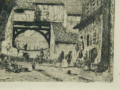 Paul Huet "Old Houses At Honfleur Port" Original Etching Framed With Box 1866
