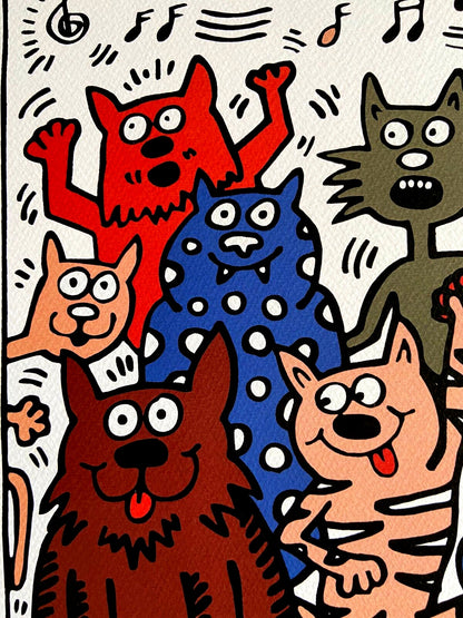Keith Haring Lithograph From A Painting 'Cats' Coa Signed In Pen Numbered