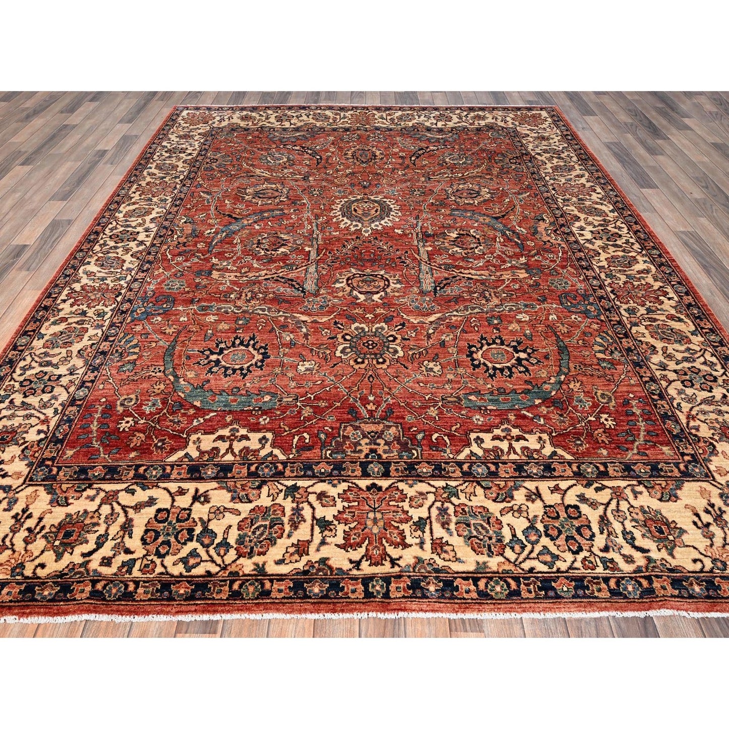 Rug 8'x10'6" Coral Red Aryana Grade Sickle Leaf Design Hand Knotted Wool