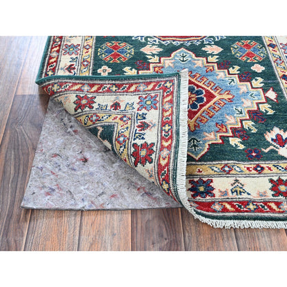 2'6"X9'9" Green Kazak With Medallions Design Wool Hand Knotted Runner Rug