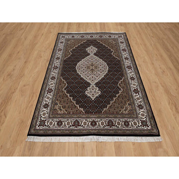5'X7' Black Tebraz Mahi With Fish Medallion Design Wool Hand Knotted Rug