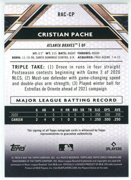 Christian Pache Autographed 2021 Topps Triple Threads Rookie Card #Rac-Cp