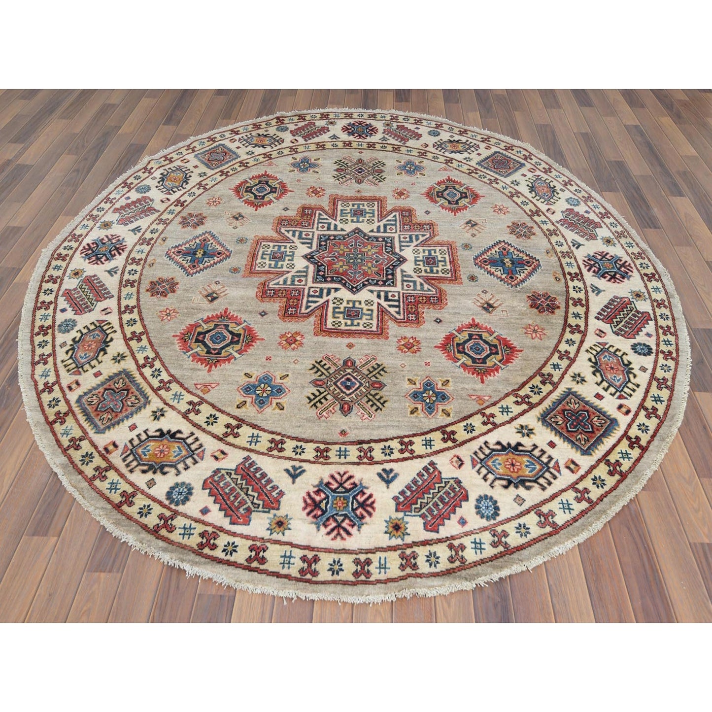 7'10"X7'10" Caucasian Afghan Special Kazak Hand Knotted Round Wool Rug