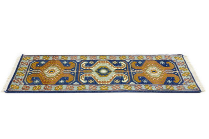 Navy Blue Geometric Tribal Kazak Rug Wool