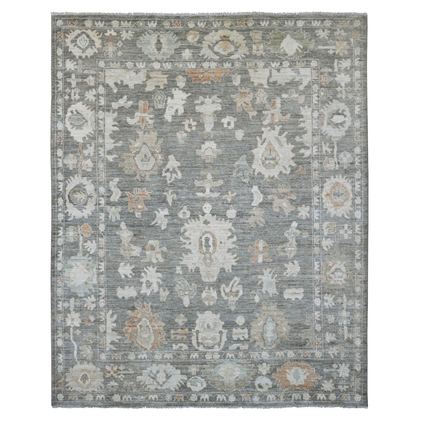 8'X9'8" Nickel Gray Afghan Angora Oushak Leaf Motif Hand Knotted Wool Rug